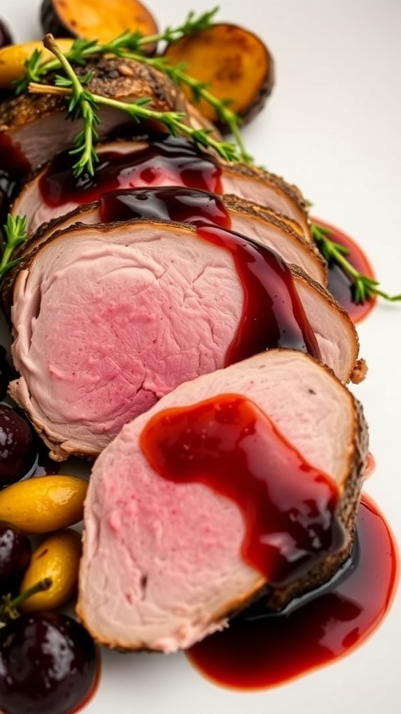 Sliced duck breast with cherry sauce, garnished with thyme, served with roasted vegetables on a white plate.